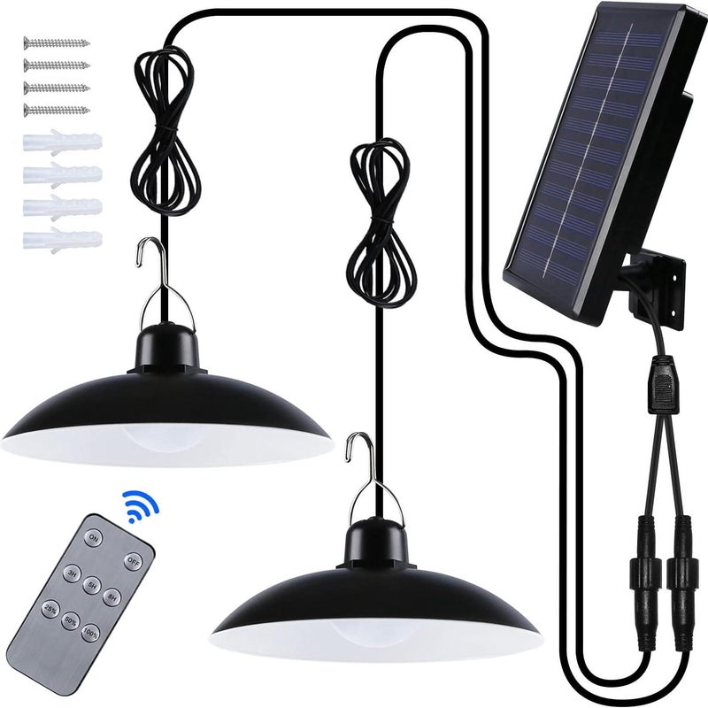 Lampa solarna zewnętrzna z podwójną głowicą, biała, wodoodporna IP65, z pilotem, do ogrodu, pergoli, balkonu lub tarasu