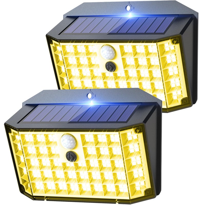 Zestaw 2 lamp solarnych zewnętrznych z 176 diodami LED z czujnikiem ruchu, wodoodporne, klasy IP65, z 3 trybami pracy (ciepłe światło)