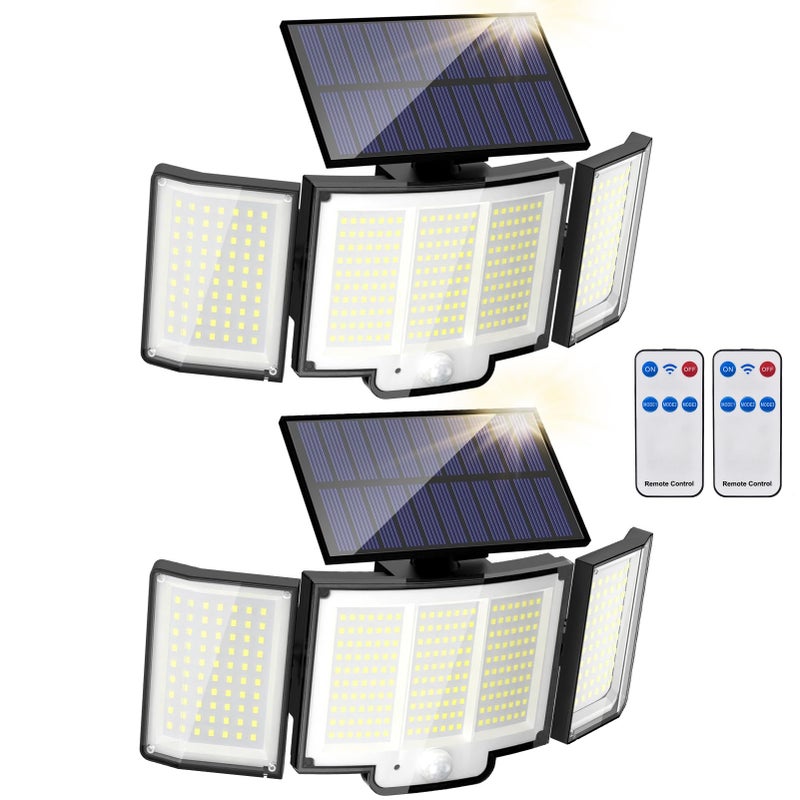Zestaw 2 lamp solarnych zewnętrznych z czujnikiem ruchu, 348 LED 6500 K z pilotem, wodoodporne IP65, 3 głowice bezpieczeństwa.