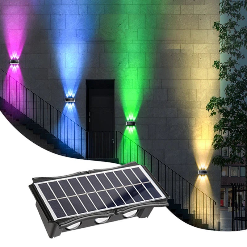 Kinkiety solarne wielokolorowe z 6 LED, światło zewnętrzne na górze i na dole wodoodporne IP65, do balkonu ogrodowego