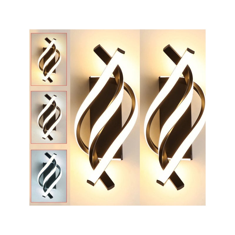 Czarna lampa ścienna LED, oświetlenie wewnętrzne, design spirali, regulacja intensywności, 3 kolory światła (3000 K/4000 K/6000 K) (2 sztuki)
