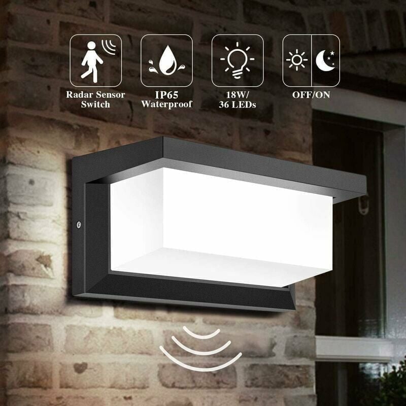 Zewnętrzna lampa LED z czujnikiem ruchu, kwadratowa i wodoodporna, z czujnikiem radarowym (biała zimna)