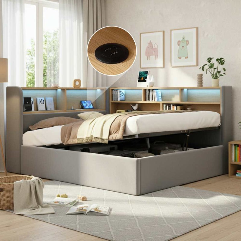 Łóżko dzienne 140x200 cm z hydraulicznym schowkiem, łóżko tapicerowane, sofa rozkładana, LED, USB i oparcie, welur, kolor szary