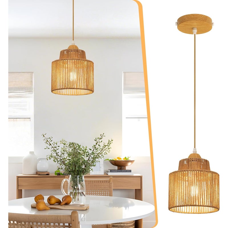 Żyrandol z rattanu w stylu boho, lampa nad wyspę kuchenną, żyrandol w stylu rustykalnym, lampa sufitowa, okrągły, pleciony abażur z rattanu.