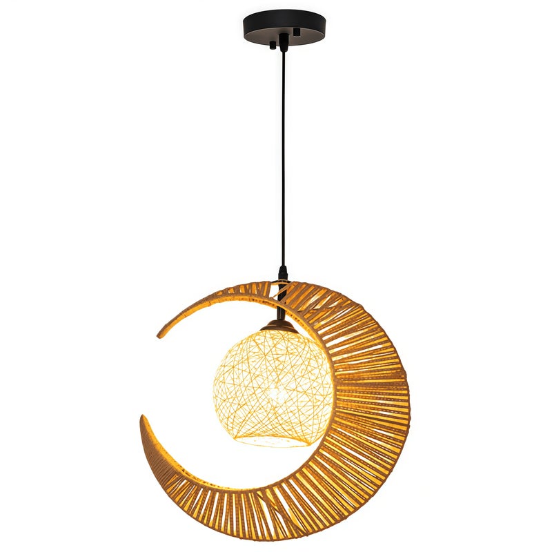 Żyrandol z rattanu w stylu boho, lampa nad wyspę kuchenną, żyrandol w stylu wiejskim, lampa sufitowa, okrągły, pleciony abażur z rattanu