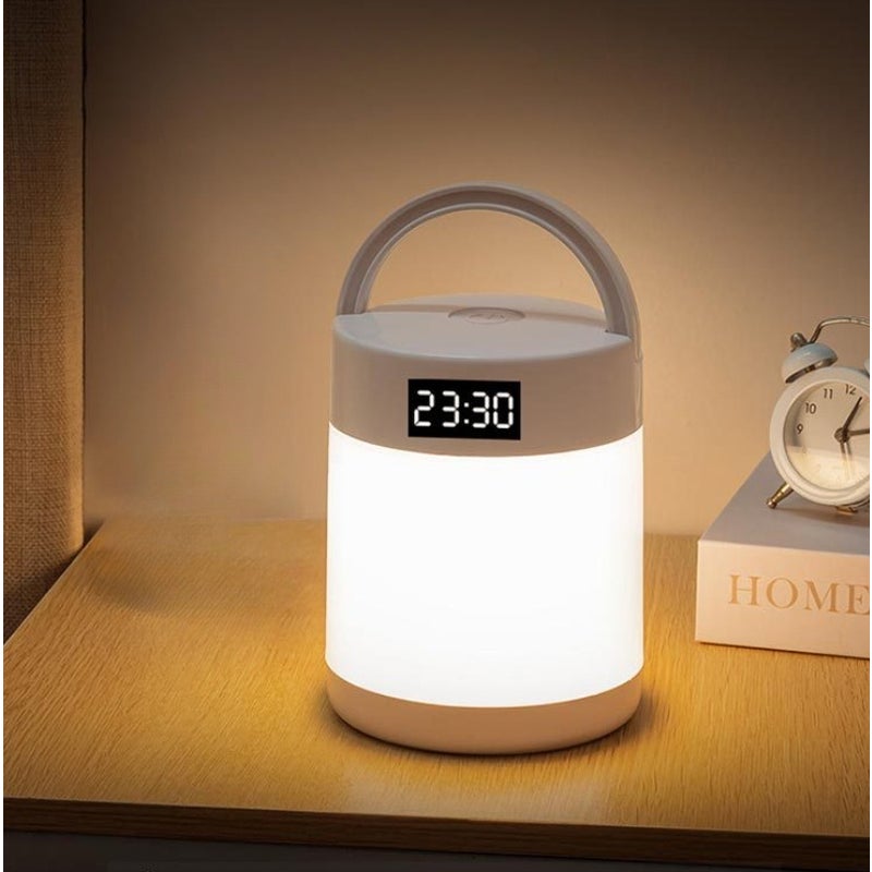 Lampka nocna z zegarem, lampka nocna, lampka stołowa, ładowana przez USB, lampa kempingowa