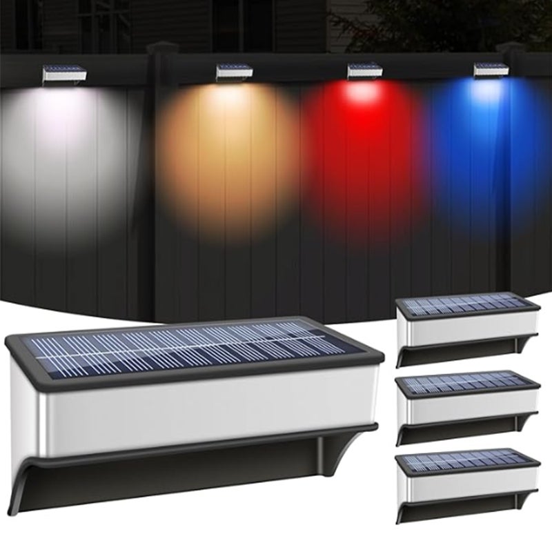 Kwadratowa zewnętrzna lampa solarna ze stali nierdzewnej, kolorowa lampa do ogrodzenia RGB, 4 sztuki