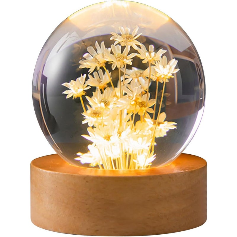 Lampka nocna w kształcie kryształowej kuli, 6 cm szklana kula z drewnianą podstawą i diodami LED, lampka nocna w kształcie kwiatu