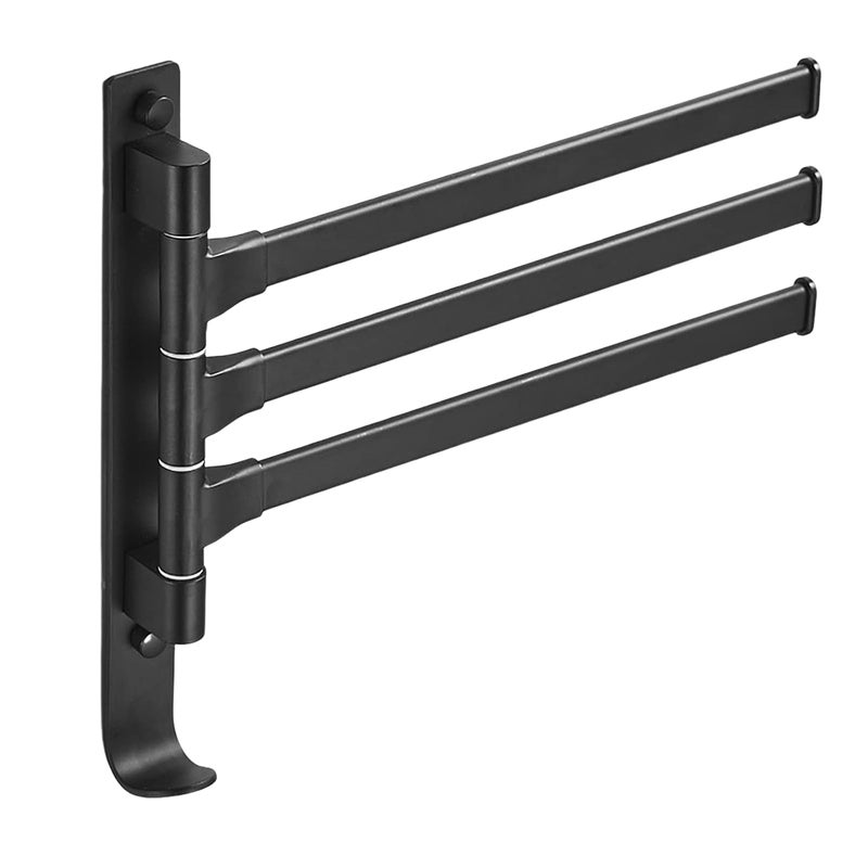 Obrotowy wieszak na ręczniki z hakiem, ścienny, obracający się o 180°, wieszak na ręczniki z aluminium, czarny (3 ramiona)