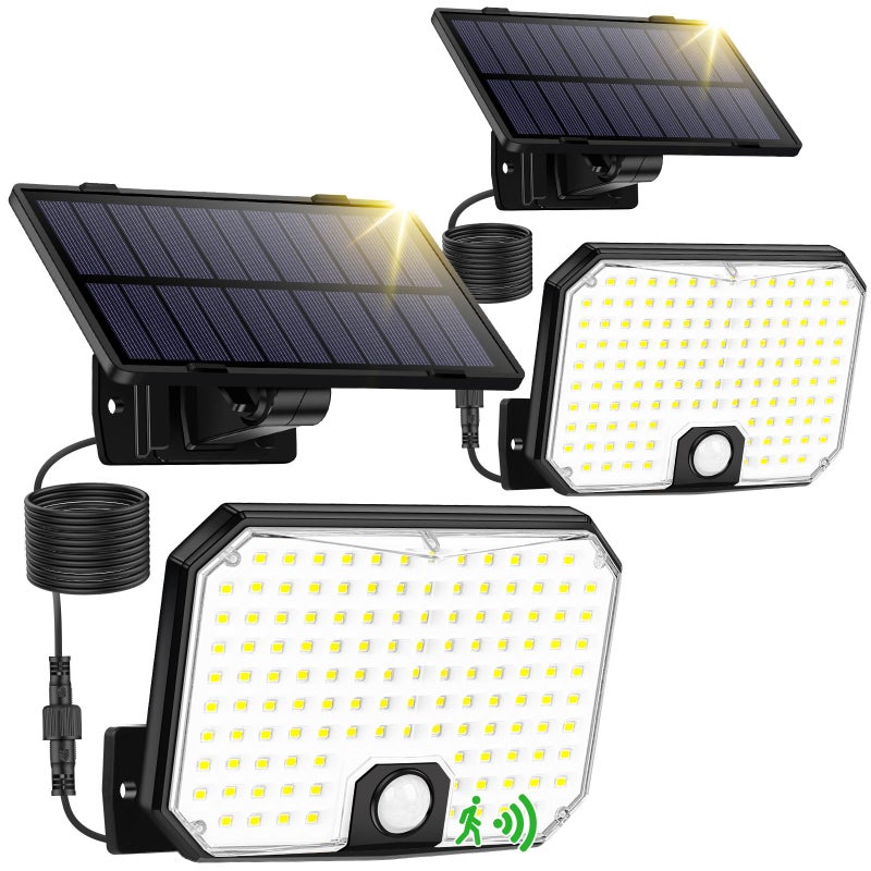 Lampy solarne zewnętrzne, 2 sztuki, kinkiet od zmierzchu do świtu z czujnikiem ruchu, projektor bezpieczeństwa solarny, 3 tryby