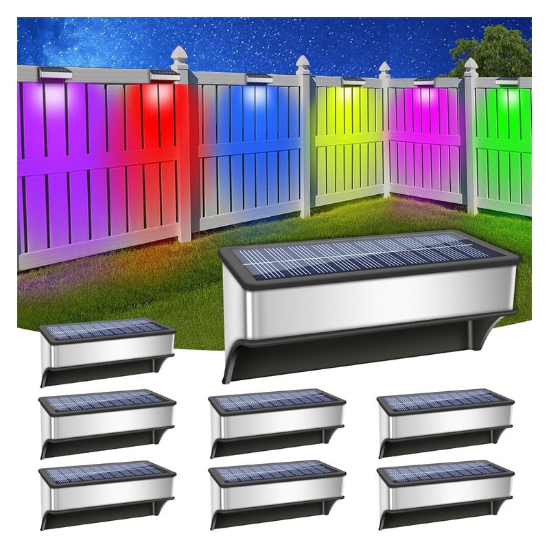 Zewnętrzna solarna lampa ścienna ze stali nierdzewnej, lampa RGB do ogrodzenia, 8 sztuk.