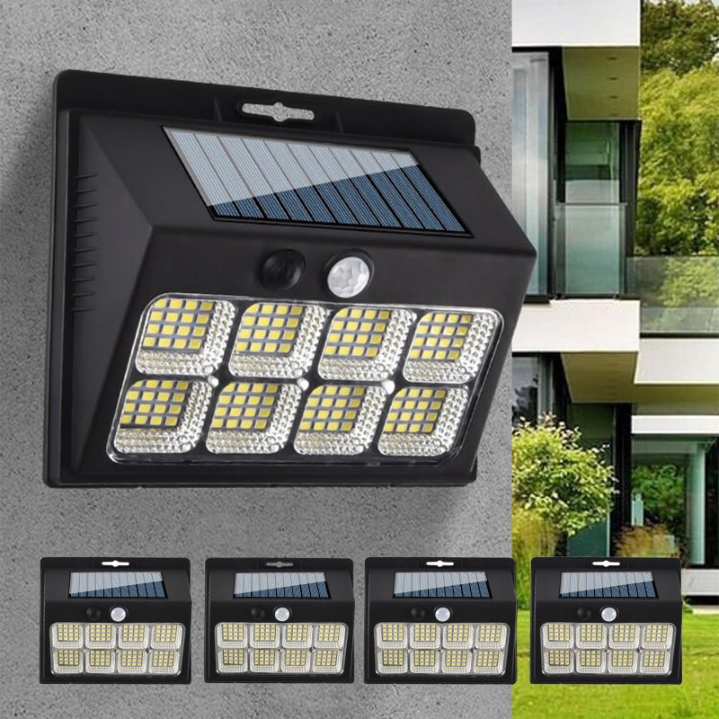 Lampy solarne do użytku zewnętrznego z czujnikiem ruchu, zestaw 4 lamp ściennych solarnych z 128 diodami LED i 3 trybami, wodoszczelność IP65
