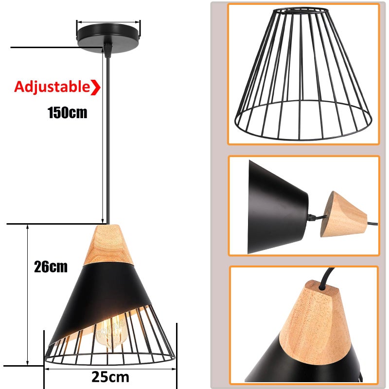Nowoczesna czarna lampa wisząca, vintage przemysłowy plafon z drewna, regulowana wysokość 150 cm, do kuchni, korytarza, światło ciepłe białe