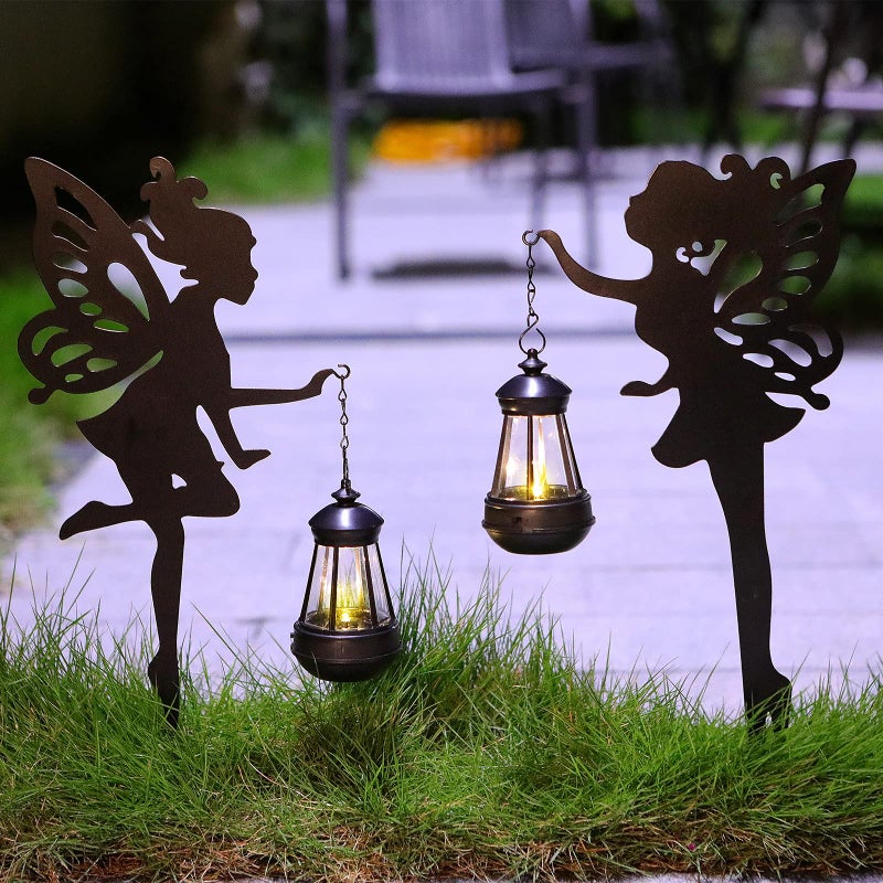 Zestaw 2 dekoracyjnych solarno-ogródowych lamp do ogrodu, statuetki ogrodowe na metalowych pikach, wodoodporność IP65, do trawnika, ciepłe światło.