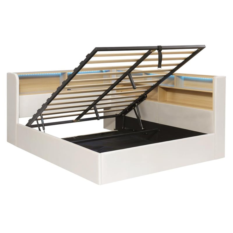 Łóżko dzienne 140x190 cm z hydraulicznym schowkiem, łóżko tapicerowane, sofa rozkładana, LED, USB i oparcie, welur, beż