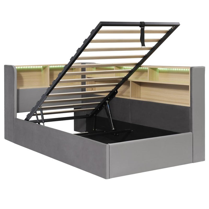 Łóżko dzienne 90x200 cm z hydraulicznym schowkiem, łóżko tapicerowane, sofa rozkładana, LED, USB i oparcie, welur, kolor szary