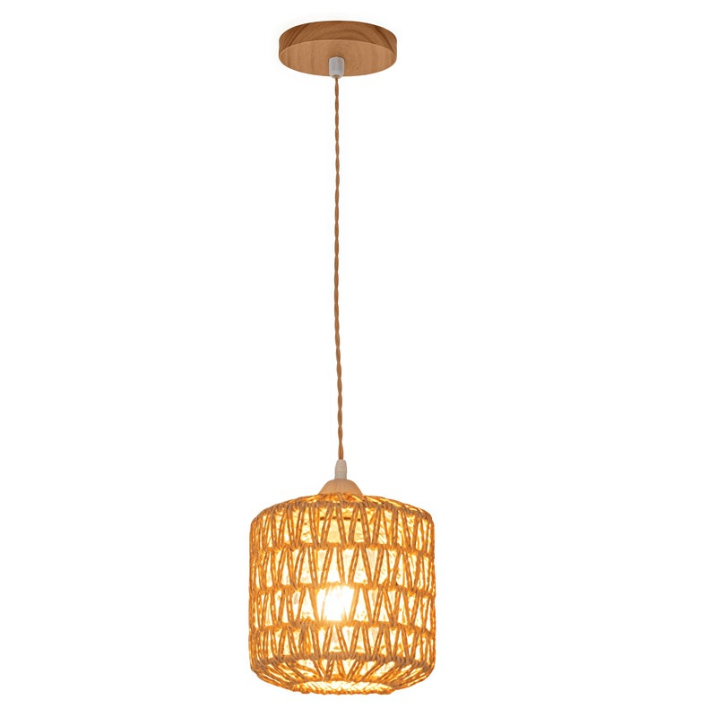 Żyrandol z rattanu w stylu boho, lampa nad wyspę kuchenną, żyrandol w stylu wiejskim, lampa sufitowa, okrągły, pleciony abażur z rattanu