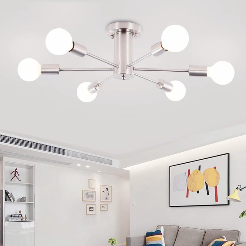 Pół-wpuszczana lampa sufitowa, plafon z 6 kloszami, nowoczesny żyrandol Sputnik, lampa wisząca w stylu mid-century, srebrna (żarówka nie dołączona)