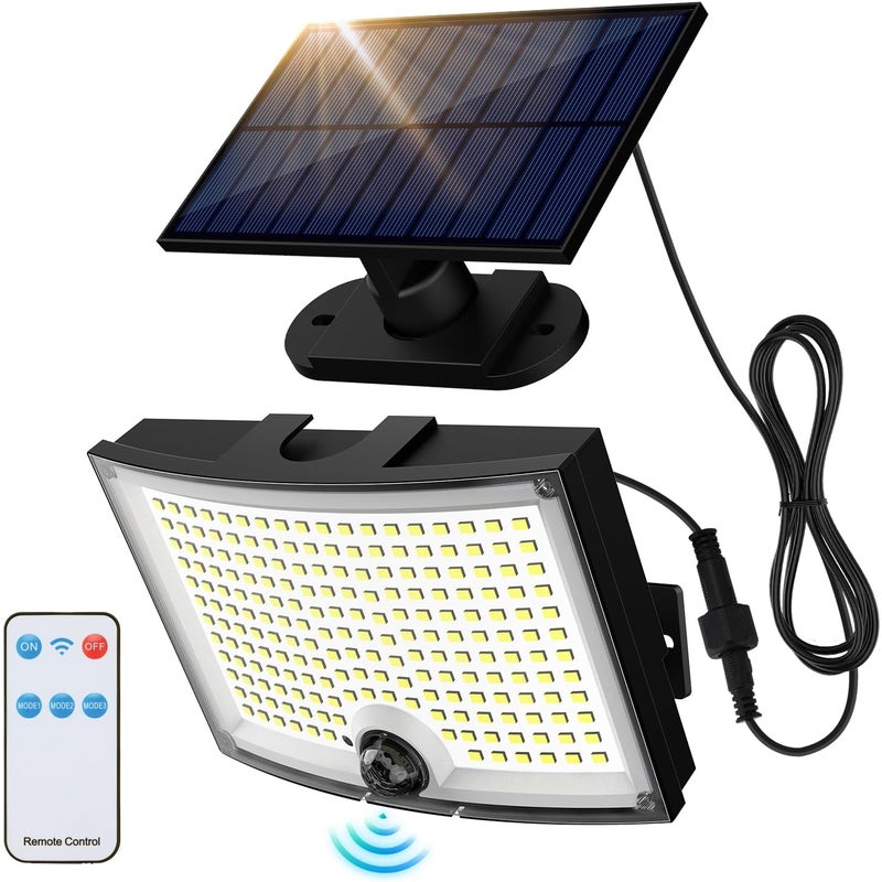 Lampa słoneczna zewnętrzna 202 LED, kinkiet solarny z pilotem, z czujnikiem ruchu, 3 tryby, światło białe 6500K, wodoodporność IP65