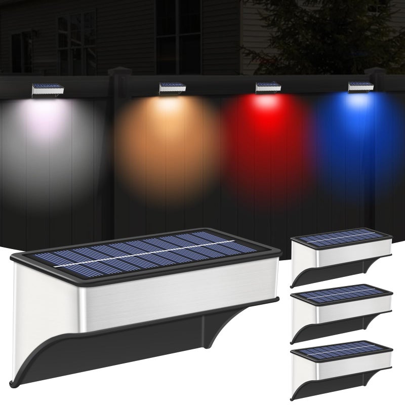 Lampy solarne do ogrodzenia, zestaw 4 lamp solarnych do montażu na ścianie na zewnątrz, lampy solarne do ogrodu (ciepła biel, zimna biel i RGB)