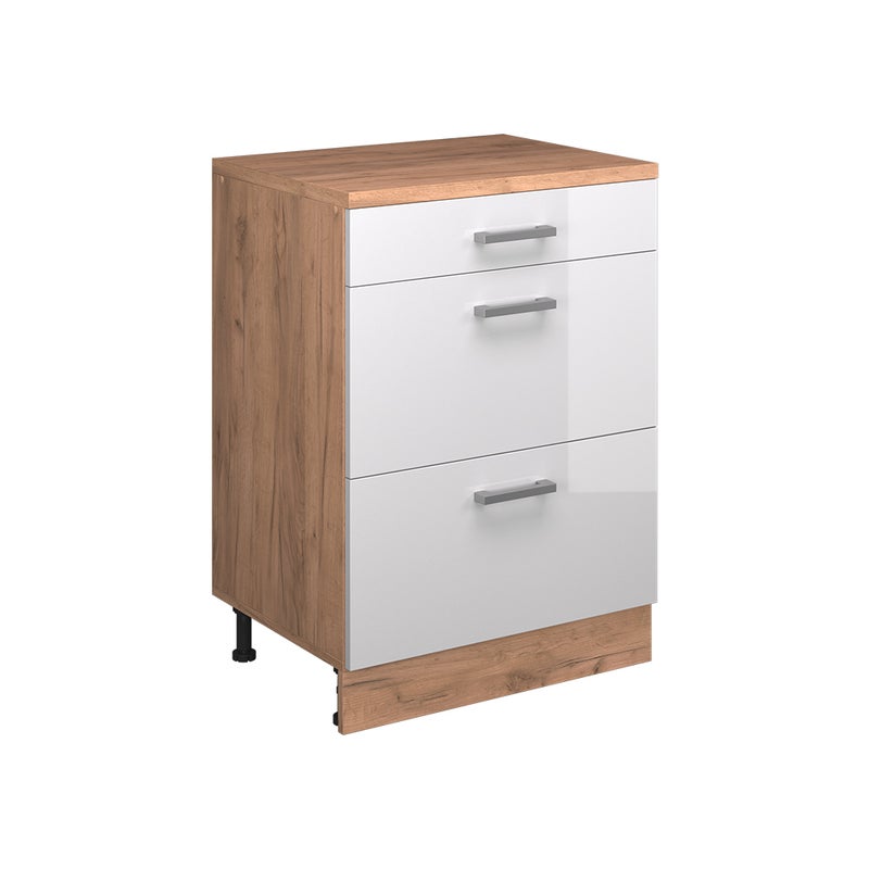Vicco Kuchenna szafka pod skos R-Line, Biały wysoki połysk, 60 cm bez skosu z 3 szufladami