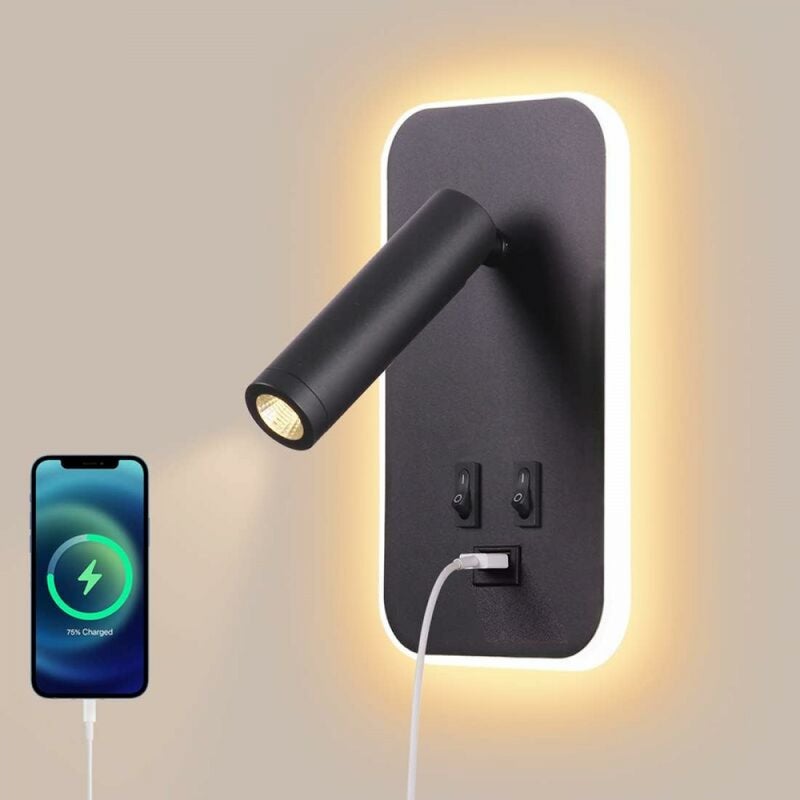 LED lampa ścienna, lampka nocna z przełącznikiem, port ładowania USB, regulowane światło w kolorze czarnym [klasa efektywności energetycznej F].