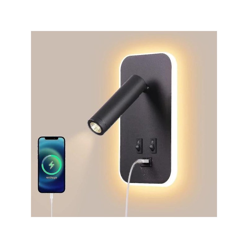 Lampa LED, lampka nocna z włącznikiem, gniazdem ładowania USB, regulowany reflektor do oświetlenia sypialni (3w 3000k + 9w 6000k) Czarna