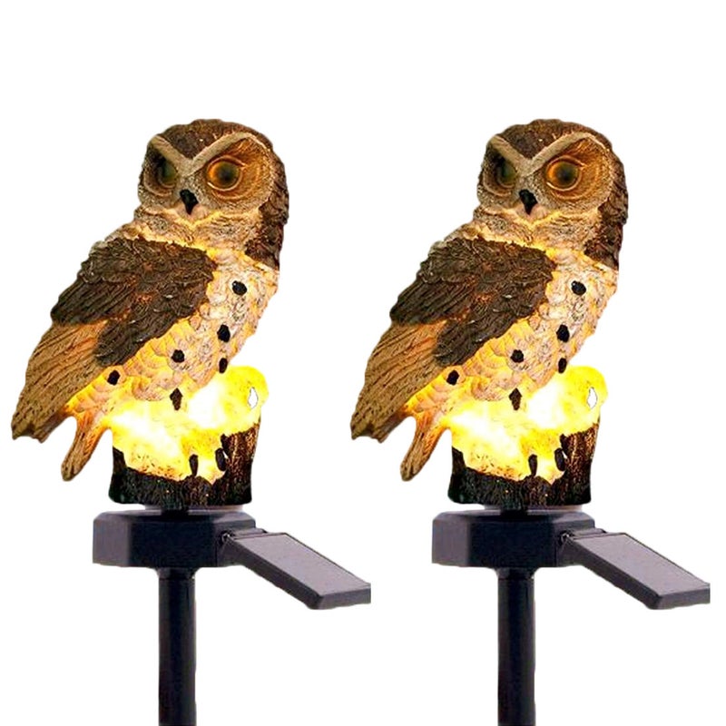 Zestaw 2 lamp solarnych LED w kształcie sowy, wodoodpornych IP65, idealnych do alejek i trawnika, ciepłe białe światło (brązowe)
