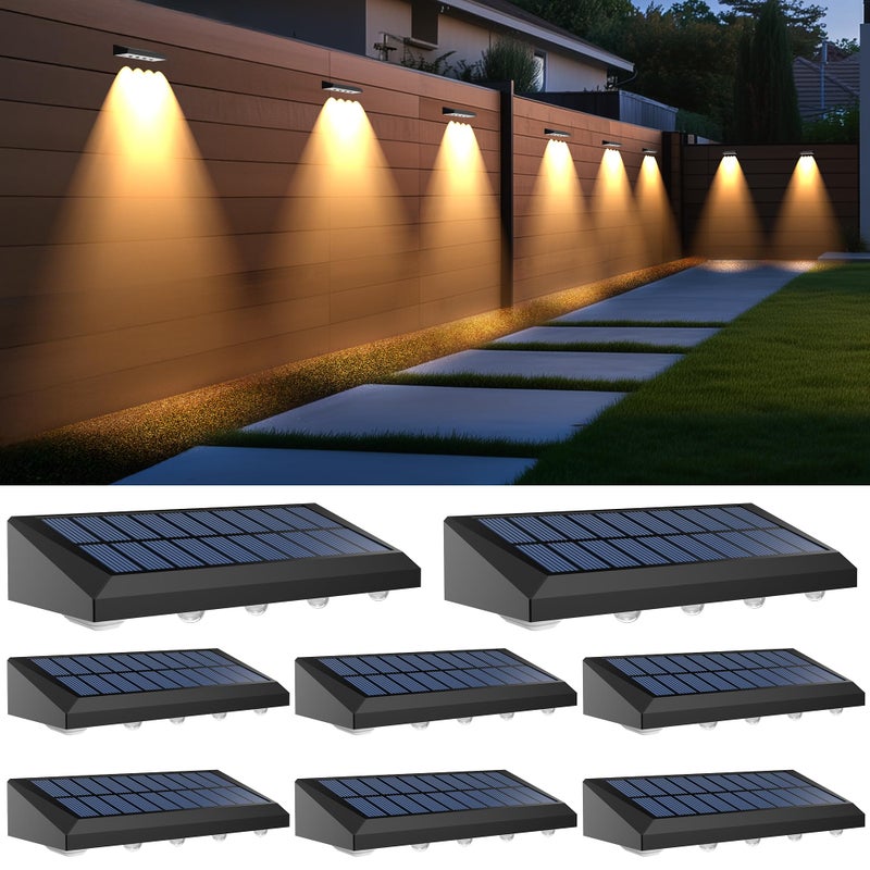 Zestaw 8 zewnętrznych lamp solarnych, 4 LED, wodoodporne IP54, na taras, ogród, balustradę, patio, schody, mur, stopień, ciepłe światło