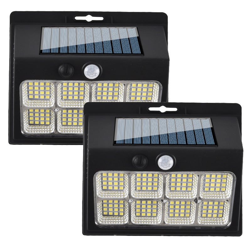 Zestaw 2 lamp solarnych do użytku zewnętrznego z czujnikiem ruchu, solarne lampy bezpieczeństwa na ścianie w 3 trybach, lampy tarasowe, 120 COB