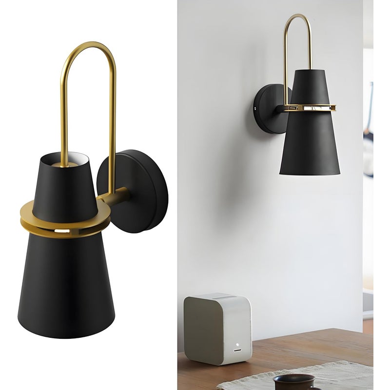 Nowoczesna lampa ścienna z metalowym kloszem, na gwint E27, oświetlenie wnętrz do sypialni i jadalni (czarna, 1 sztuka)