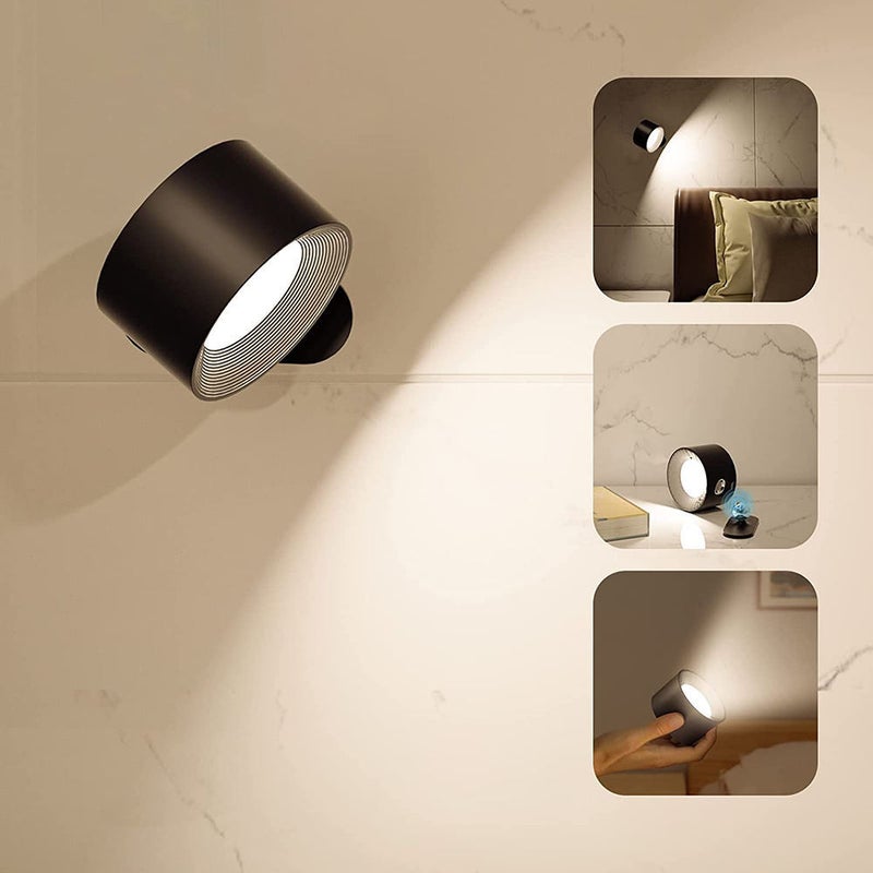 Lampa ścienna LED, obracająca się w 360° kula magnetyczna ładowana przez USB, 3 temperatury barwowe, lampa do czytania na ścianę z regulacją jasności.