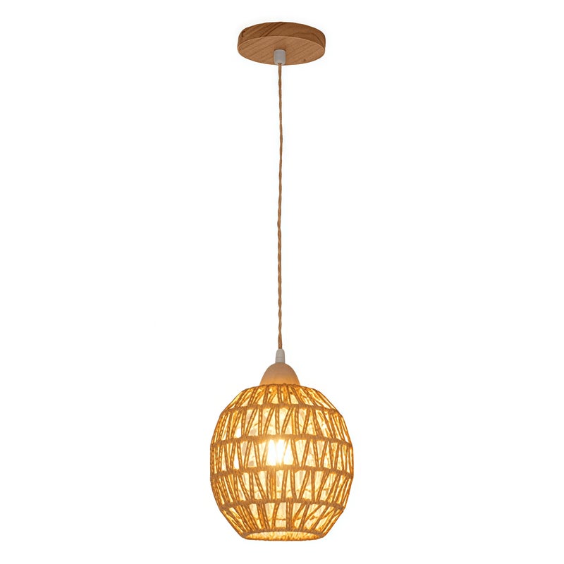 Żyrandol z rattanu w stylu boho, lampa nad wyspę kuchenną, żyrandol w stylu wiejskim, lampa sufitowa, okrągły, pleciony abażur z rattanu