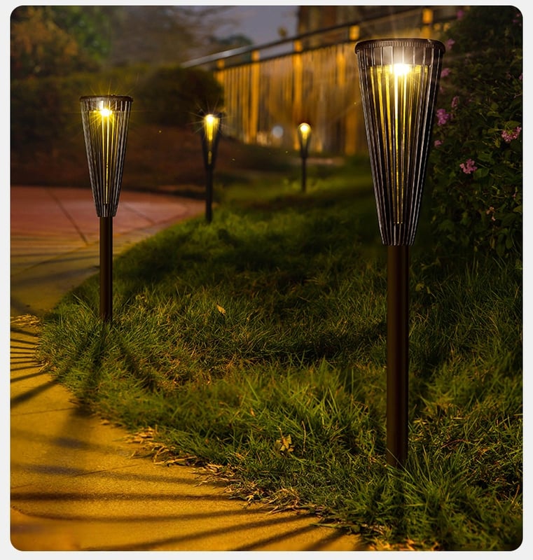 Zestaw 2 wodoodpornych lamp solarnych do ogrodu, idealnych do dekoracji ogrodów, podjazdów i chodników. Ciepłe, białe, dwukolorowe oświetlenie.