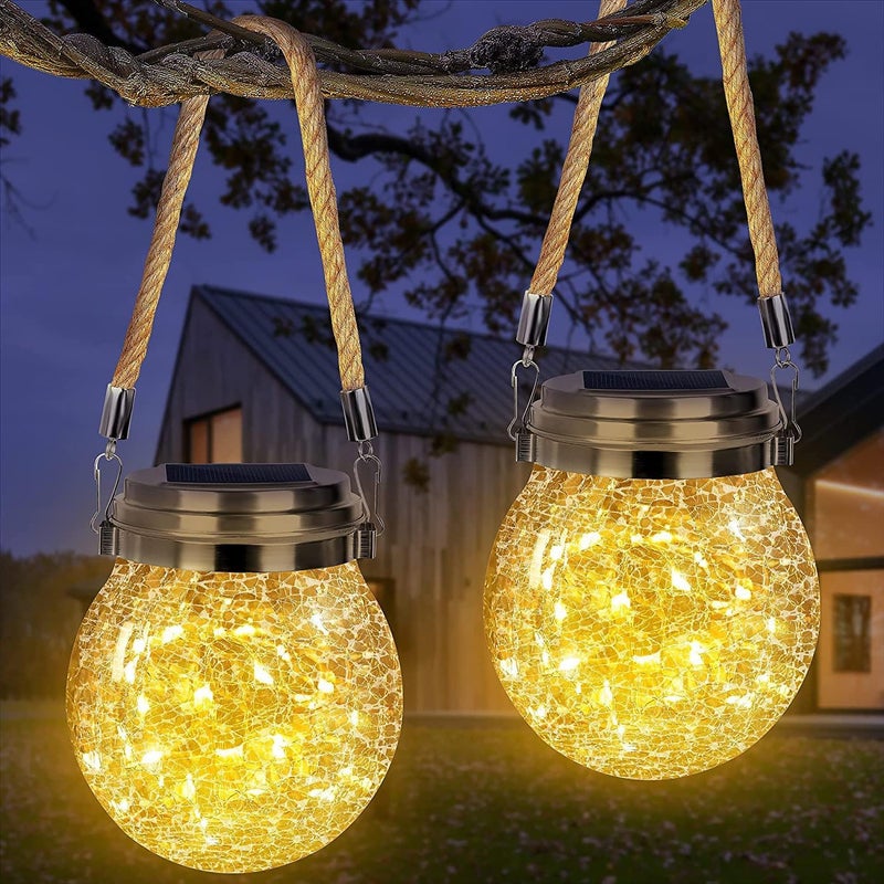 Lampiony solarne, zestaw 2 szt. w kształcie spękanej szklanej kuli, wiszące lampy solarne do ogrodu, wodoodporne lampiony zewnętrzne.