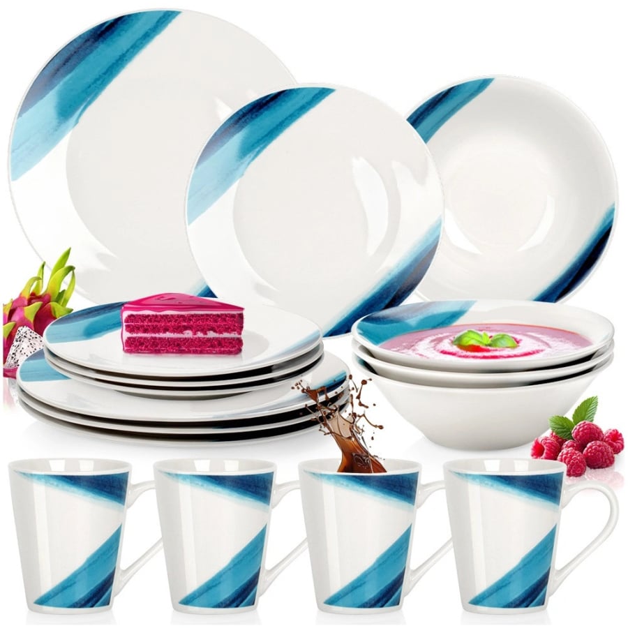 Zestaw serwis obiadowy porcelanowy biały niebieski 16 el. O-139848