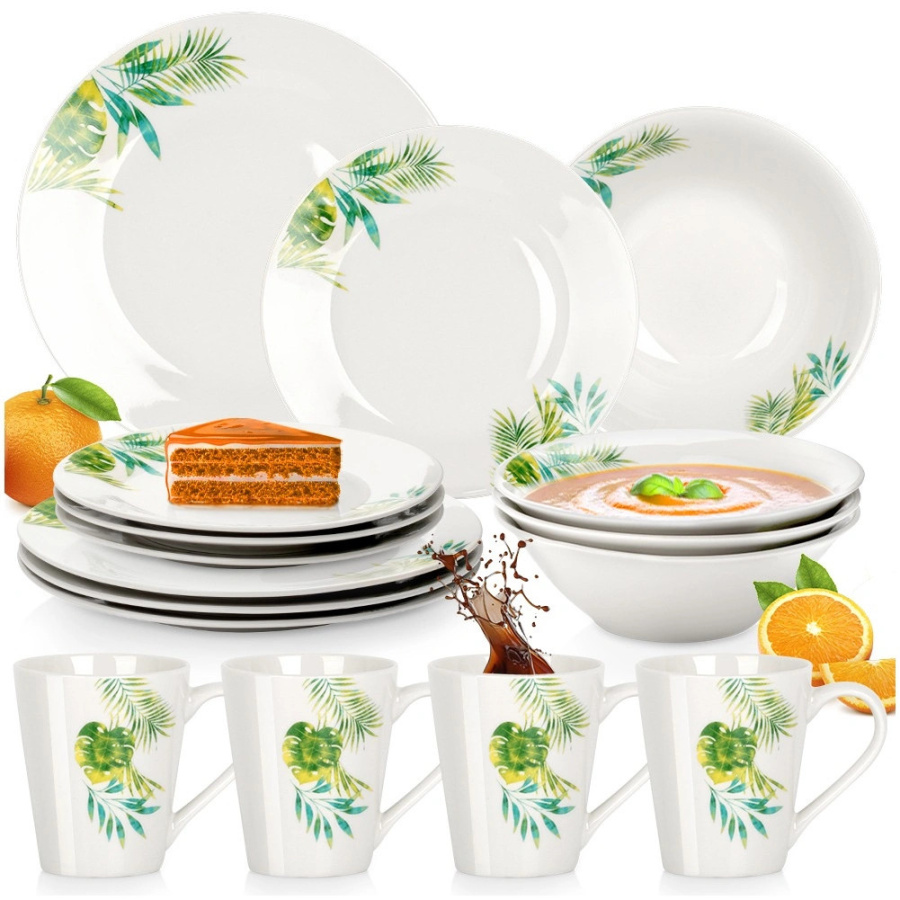 Zestaw serwis obiadowy porcelanowy biały rośliny 16 el. O-139847