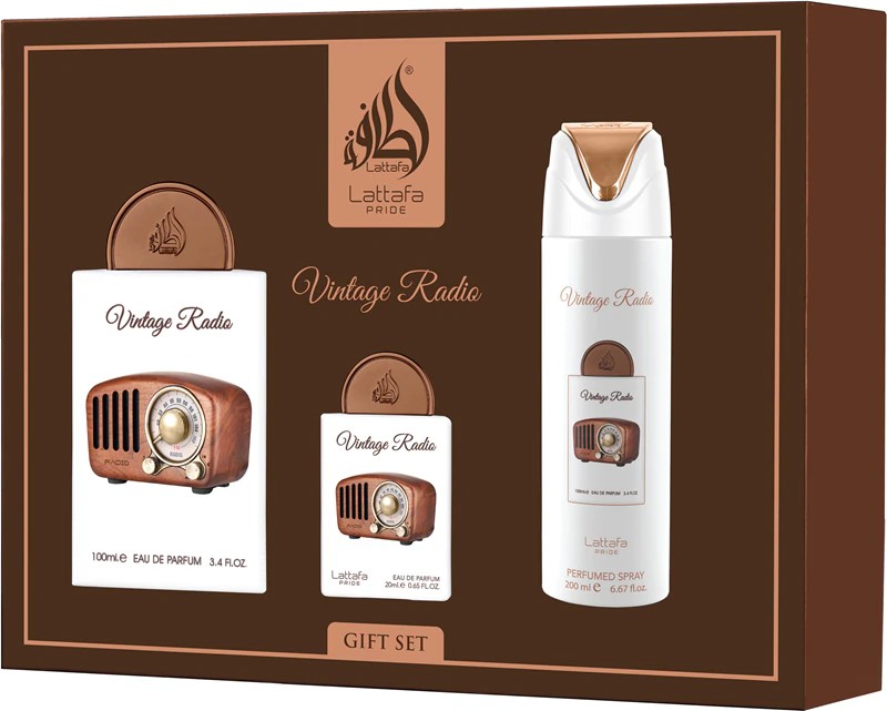LATTAFA Pride Vintage Radio Zestaw Unisex Woda Perfumowana 100ml+20ml + Dezodorant + Atomizer