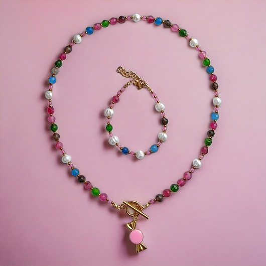 KOMPLET candy UNIKAT : jadeit multicolor : NASZYJNIK i bransoletka
