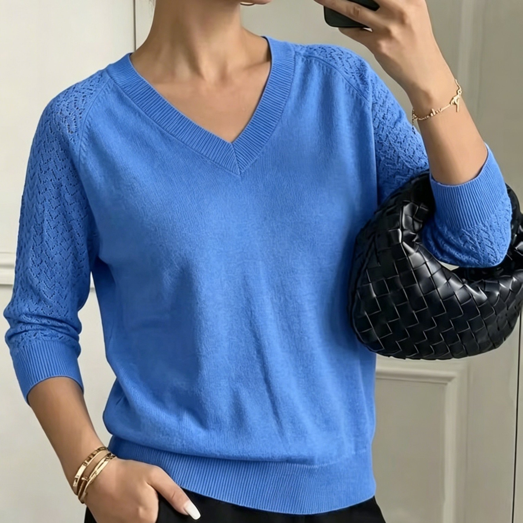 TEMU Damski Sweter z Długim Rękawem, Elegancki, Casualowy, z Wycięciem w Serek i Ażurowym Wzorem