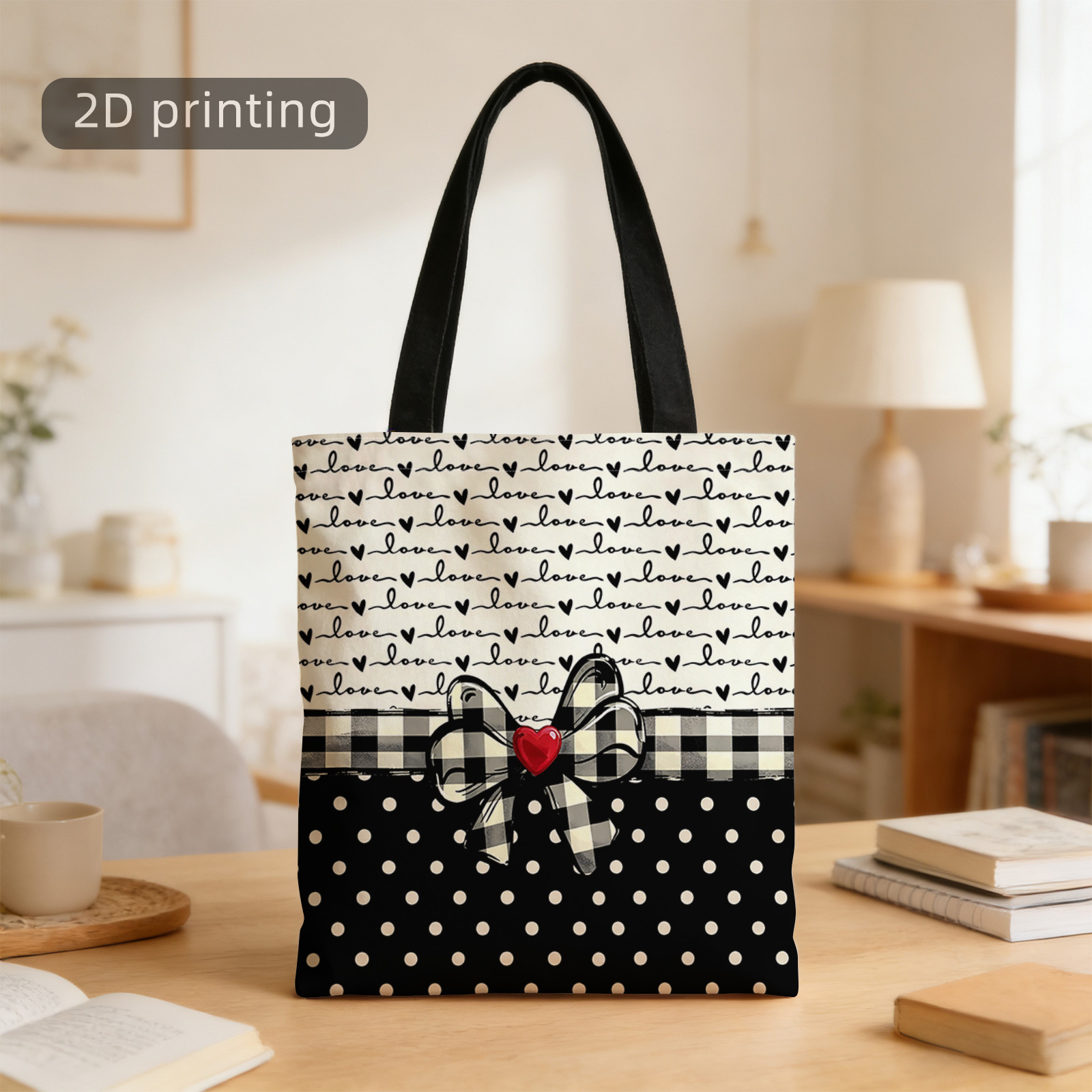 TEMU 1 szt. Torba Tote z Nadrukiem 2D, Serduszka, Wstążka w Kratę, Czarne Kropki, Czerwone , Wzór Monochromatyczny, Wielokrotnego Użytku, Stylowa