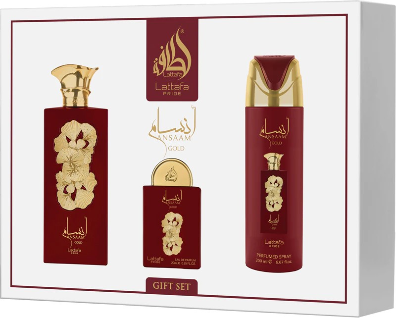 LATTAFA Pride Ansaam Gold Zestaw dla Kobiet Woda Perfumowana 100ml+20ml + Dezodorant + Atomizer