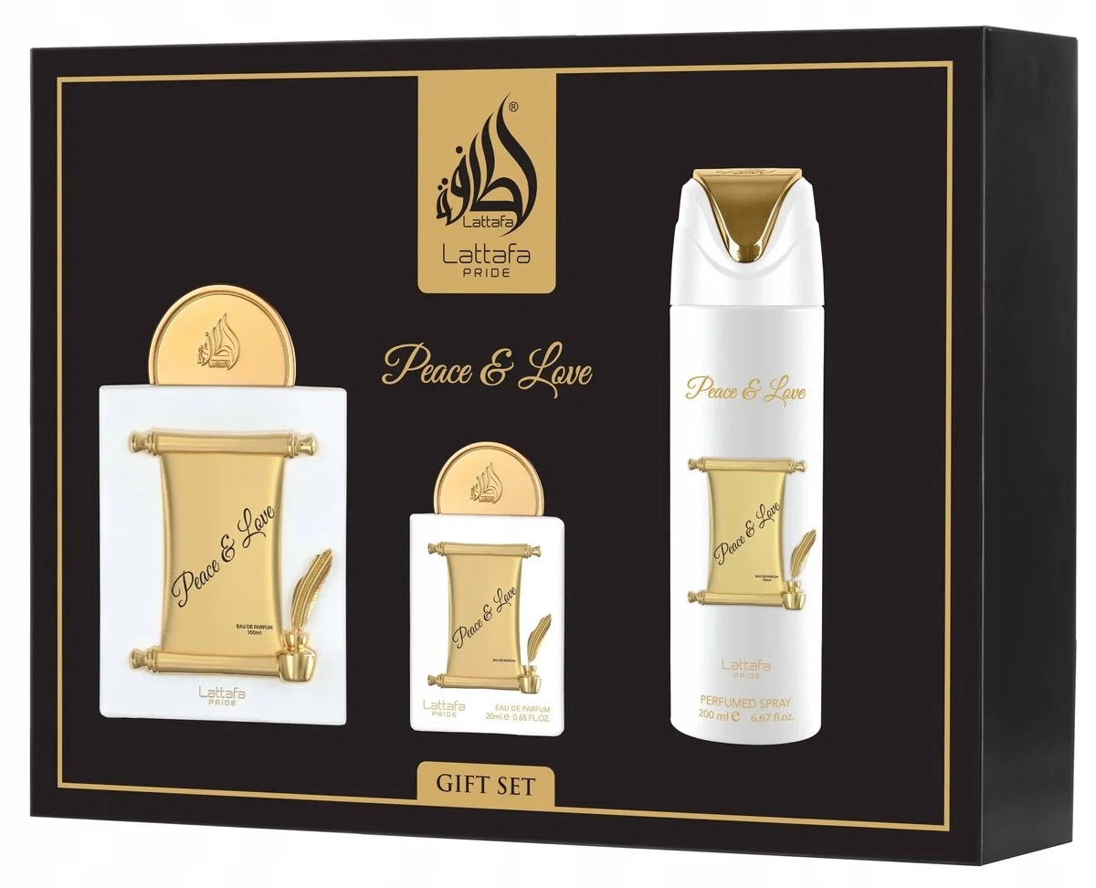 LATTAFA Pride Peace & Love Zestaw Unisex Woda Perfumowana 100ml+20ml + Dezodorant + Atomizer