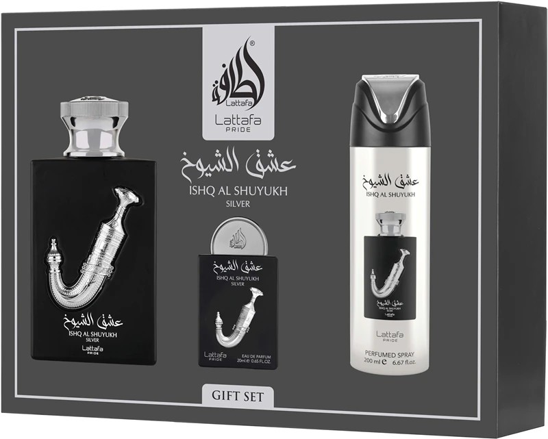 LATTAFA Ishq Al Shuyukh Silver Zestaw Unisex Woda Perfumowana 100ml+20ml + Dezodorant + Atomizer