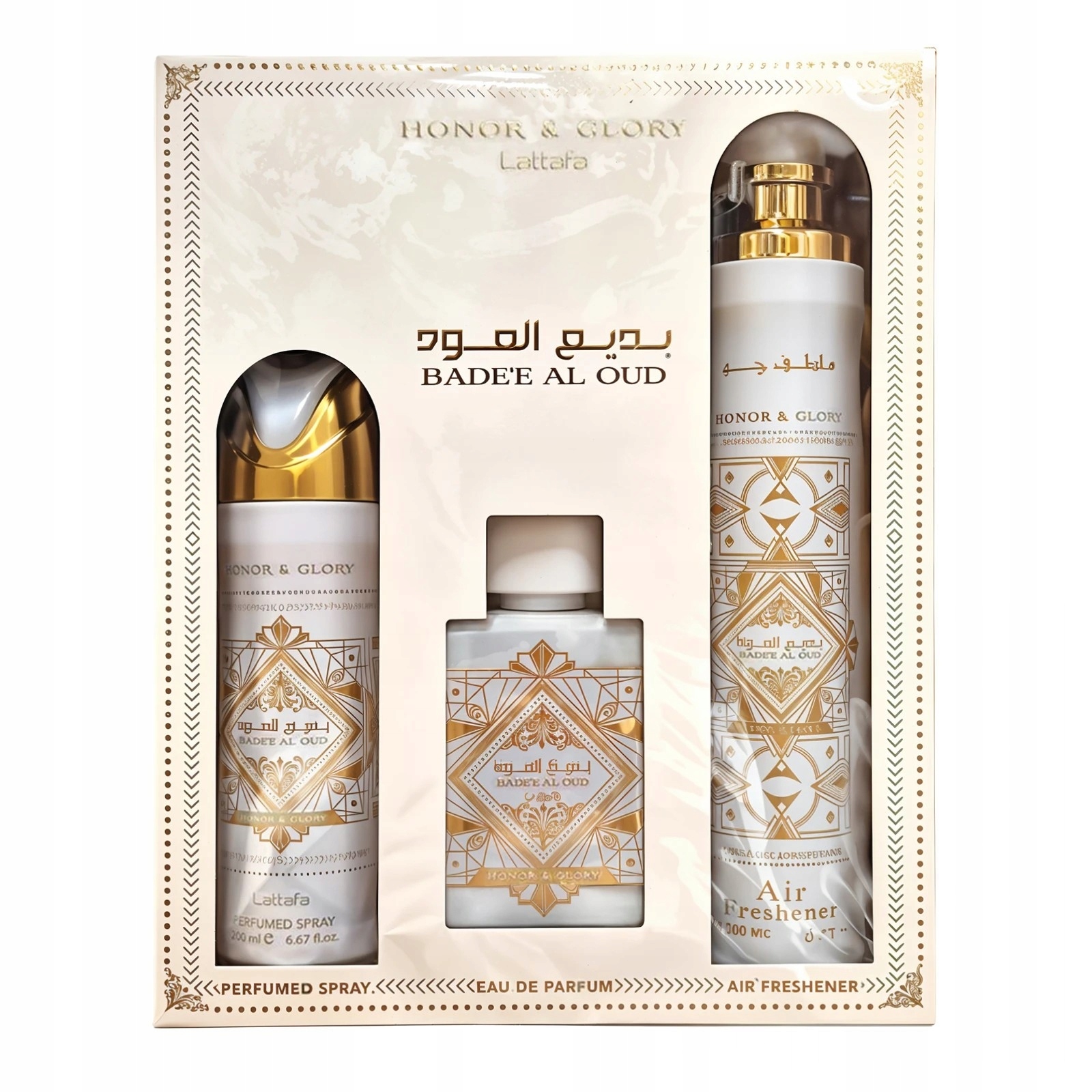 LATTAFA Bade'e Al Oud Honor & Glory Zestaw Unisex Woda Perfumowana + Dezodorant + Odświeżacz Powietrza
