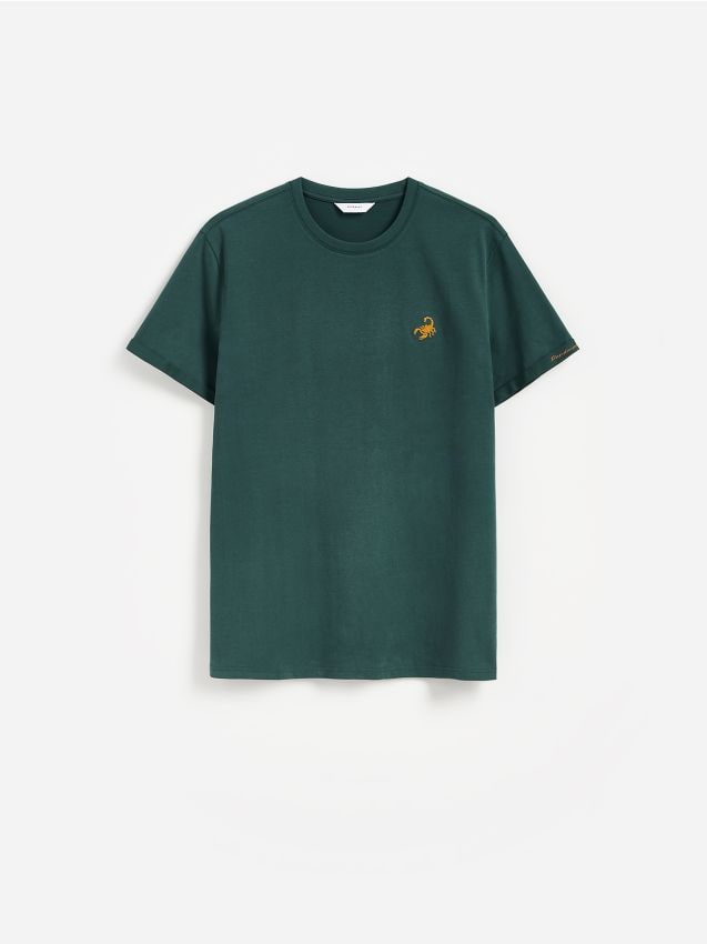 Reserved - T-shirt regular z haftem - ciemnozielony