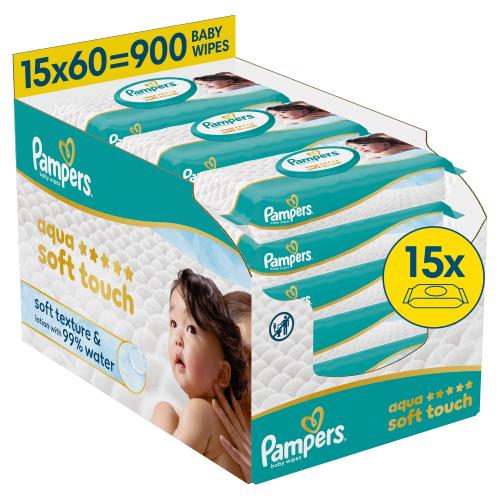 Pampers Aqua Soft Touch Chusteczki nawilżane, 15 x 60 szt.