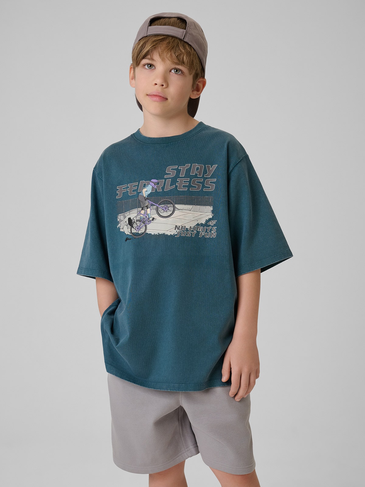 4F T-shirt loose z nadrukiem chłopięcy - granatowy 158/164 (12-14 lat)