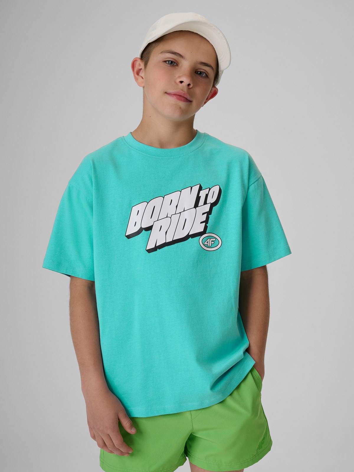 4F T-shirt regular z nadrukiem chłopięcy - miętowy 158/164 (12-14 lat)