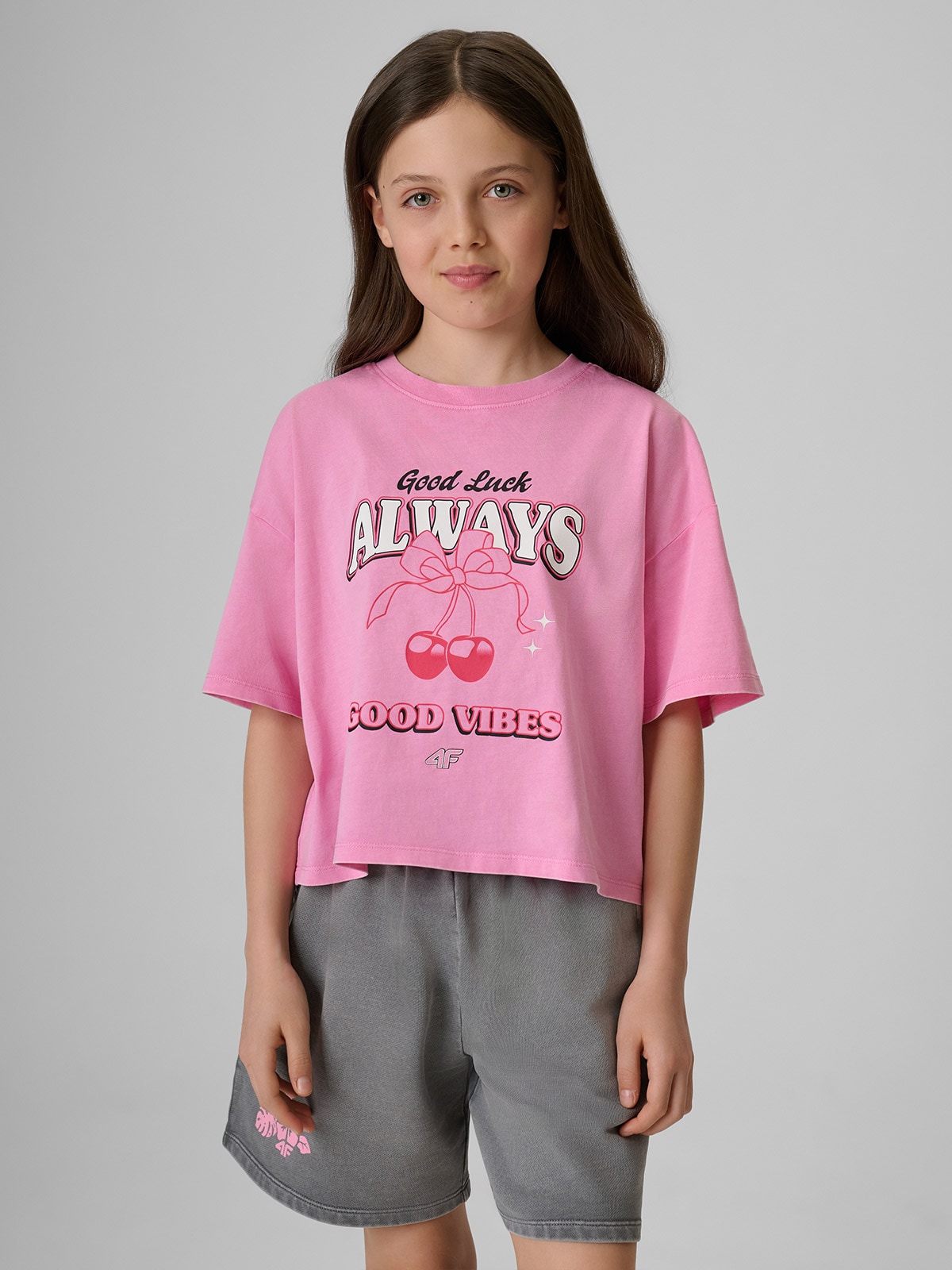 4F T-shirt boxy z nadrukiem dziewczęcy - różowy 158/164 (12-14 lat)
